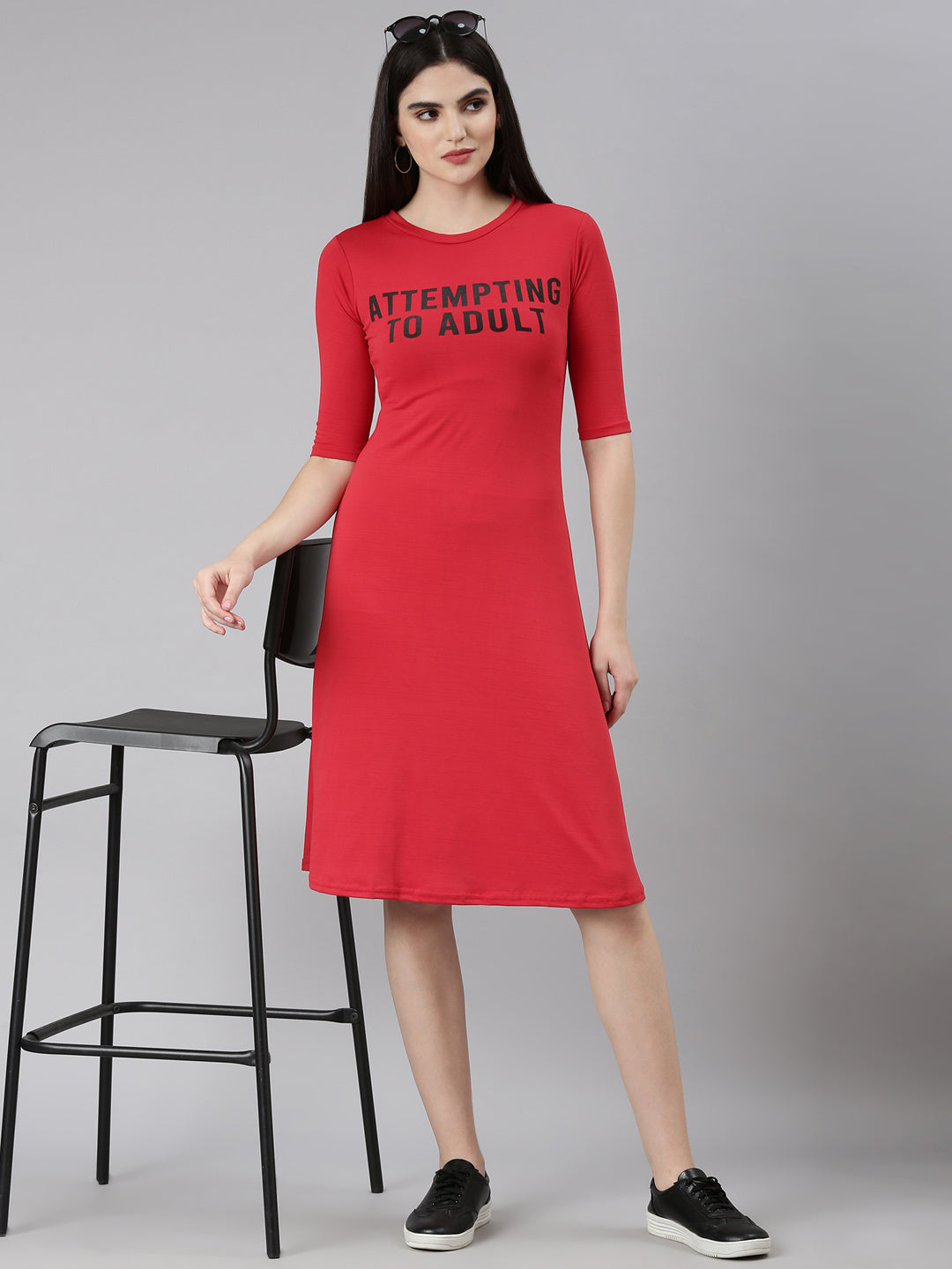 Women Red Typographic A-Line Dress