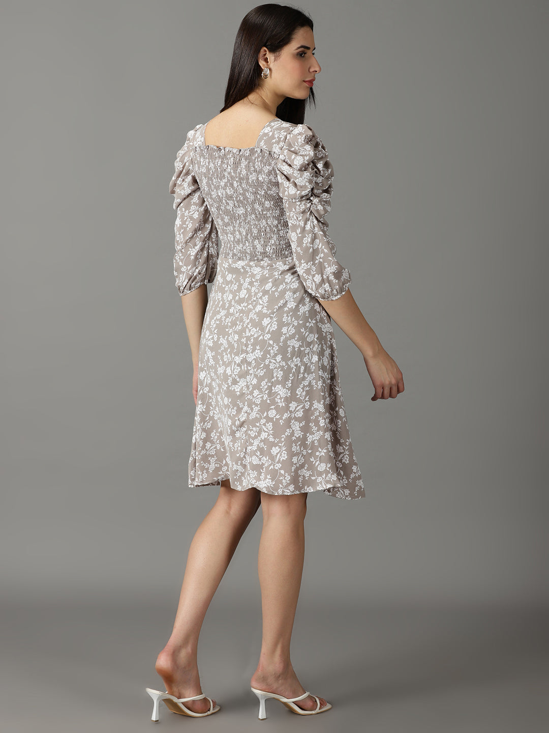 Women's Taupe Printed Fit and Flare Dress