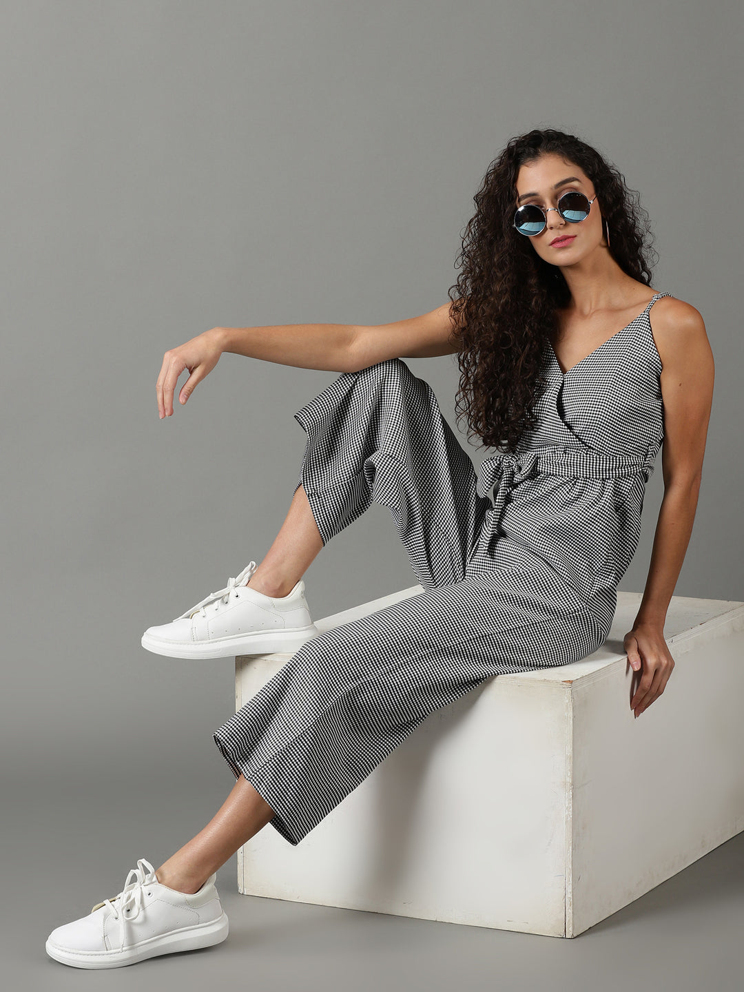 Women's White Checked Jumpsuit