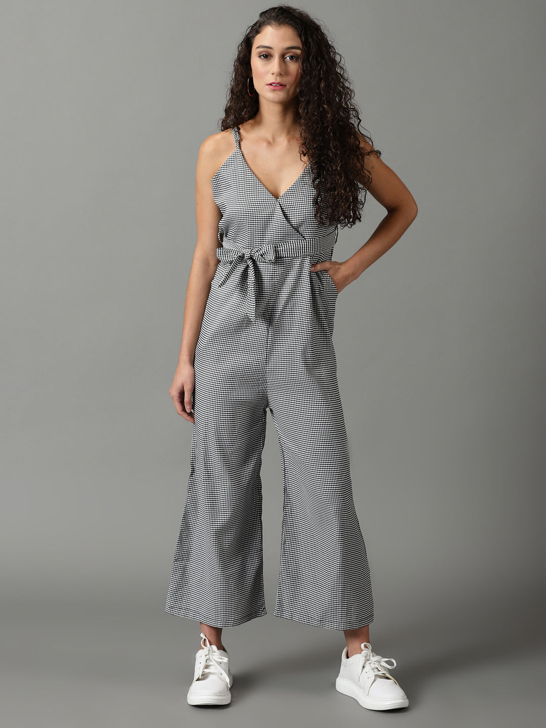 Women's White Checked Jumpsuit