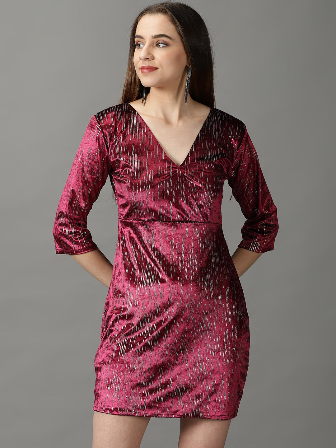 Women's Magenta Embellished Bodycon Dress