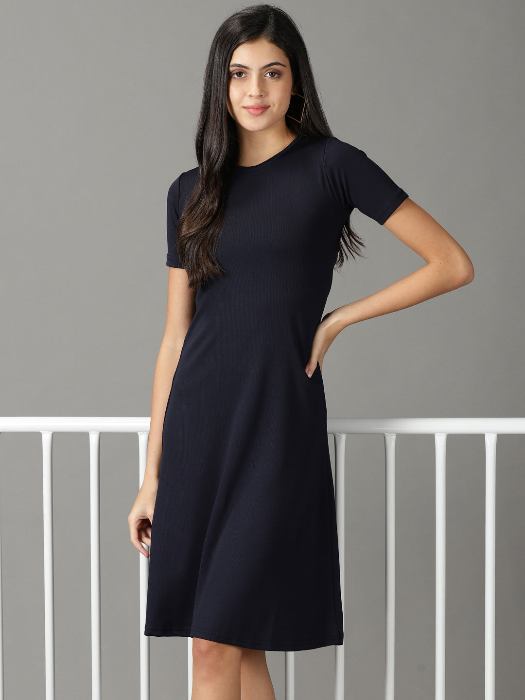 Women's Navy Blue Solid A-Line Dress