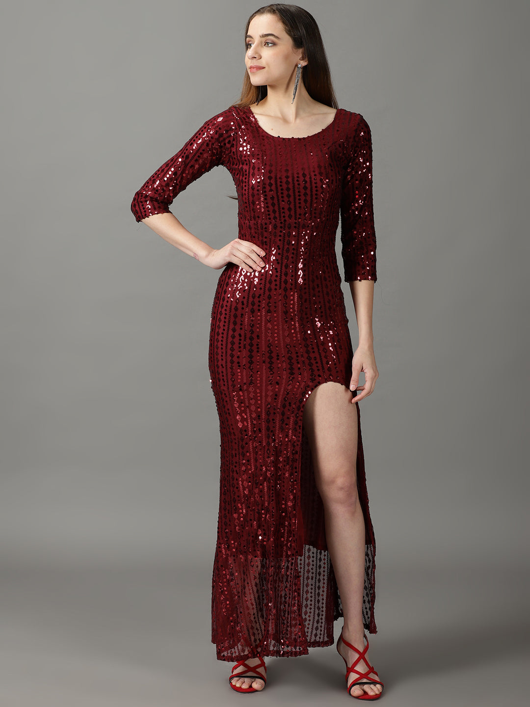 Women's Maroon Embellished Bodycon Dress