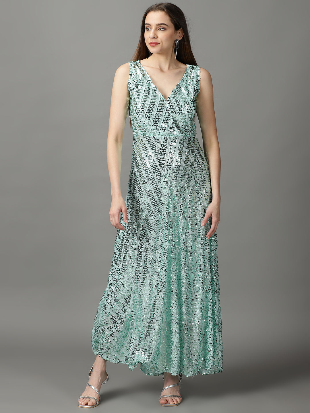 Women's Sea Green Embellished Fit and Flare Dress