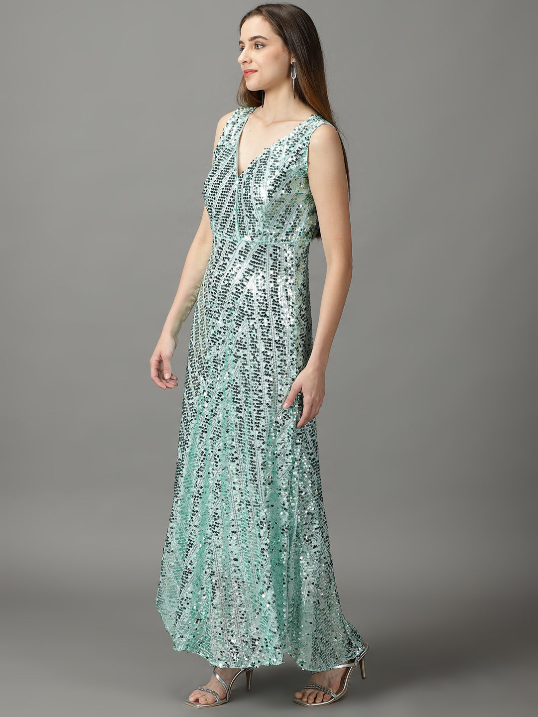 Women's Sea Green Embellished Fit and Flare Dress