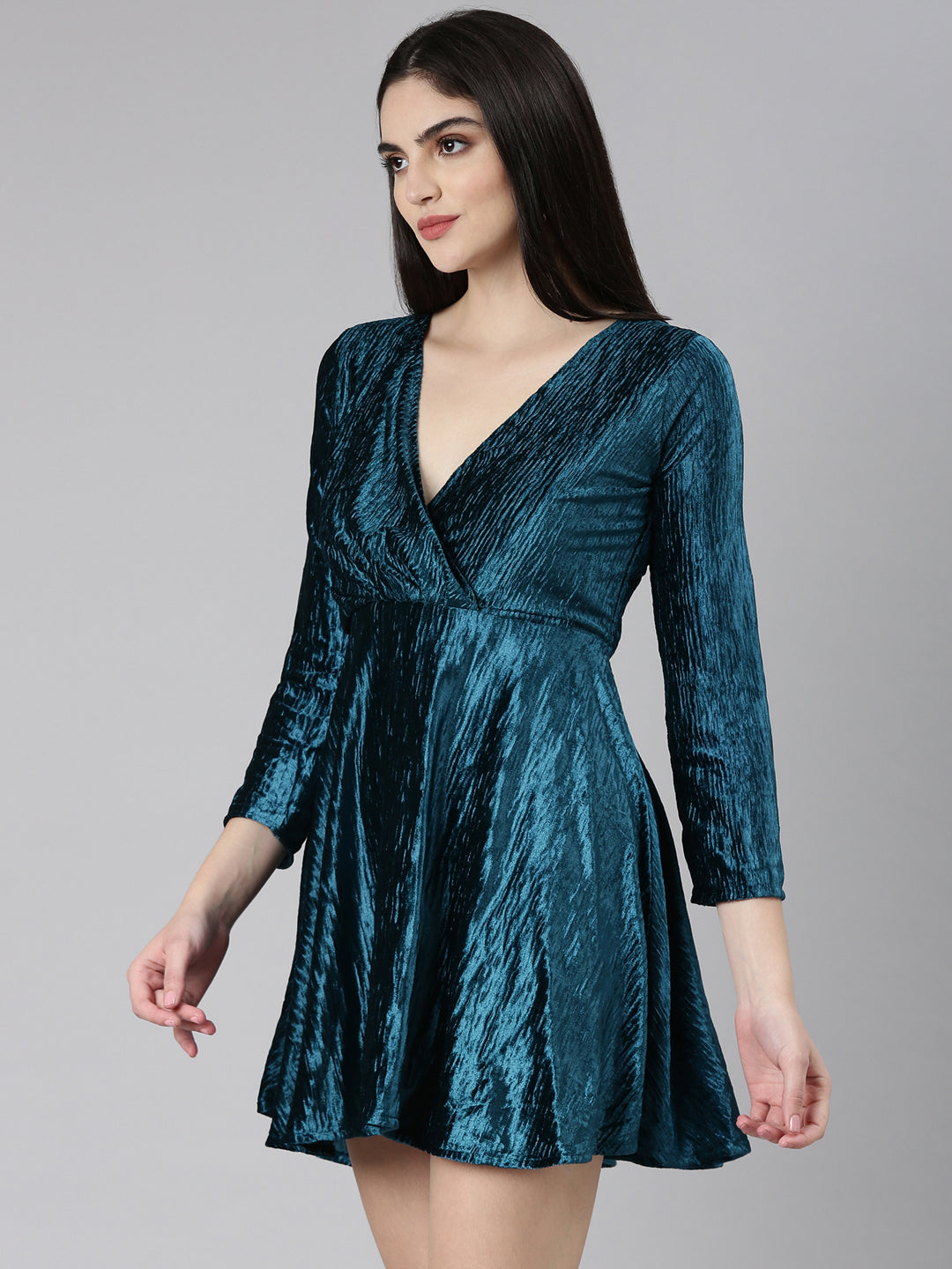 Women Teal Solid Fit and Flare Dress