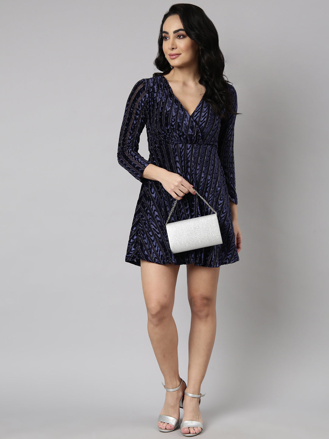 Women Navy Blue Striped Fit and Flare Dress