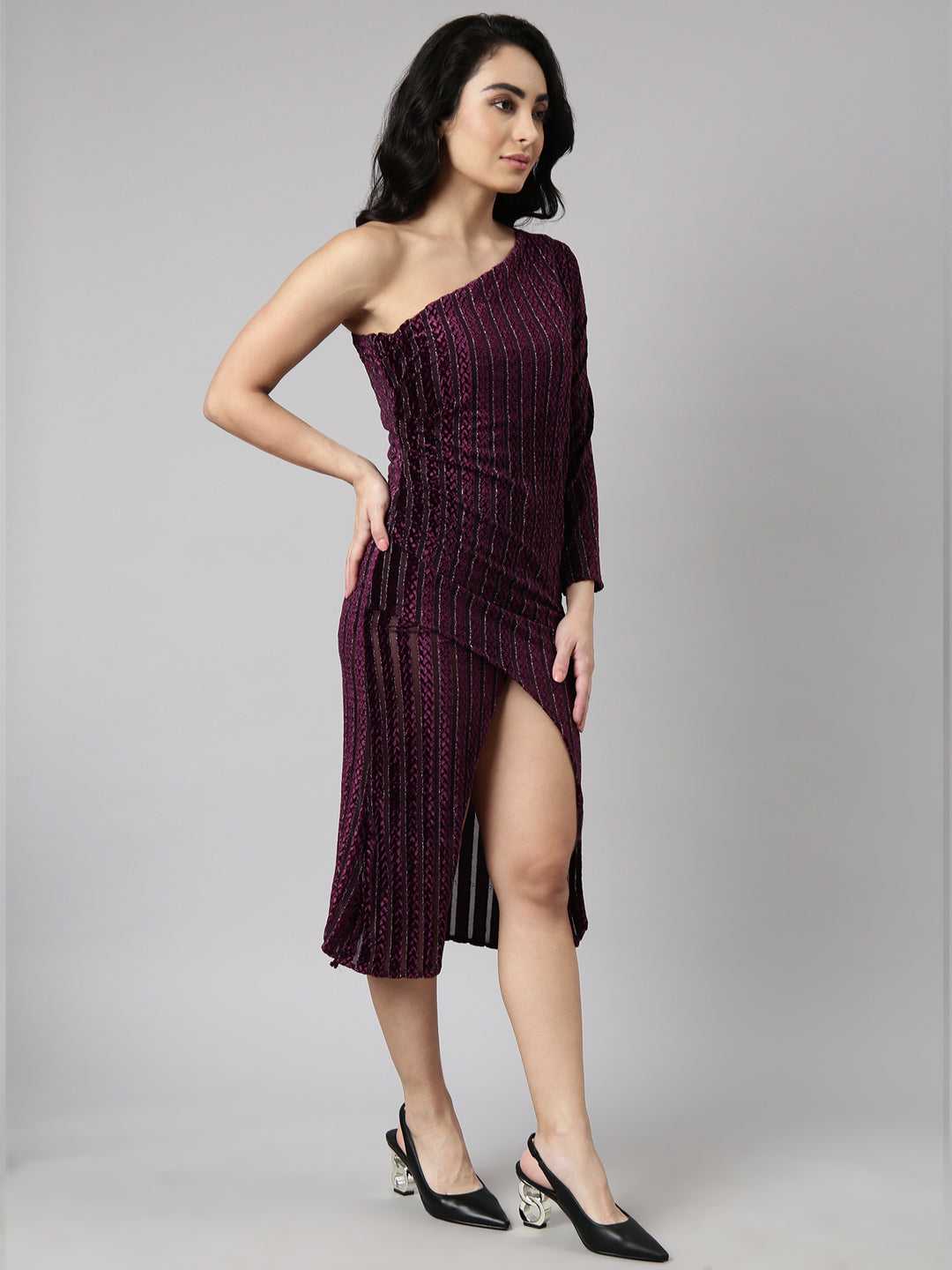 Women Purple Striped Wrap Dress