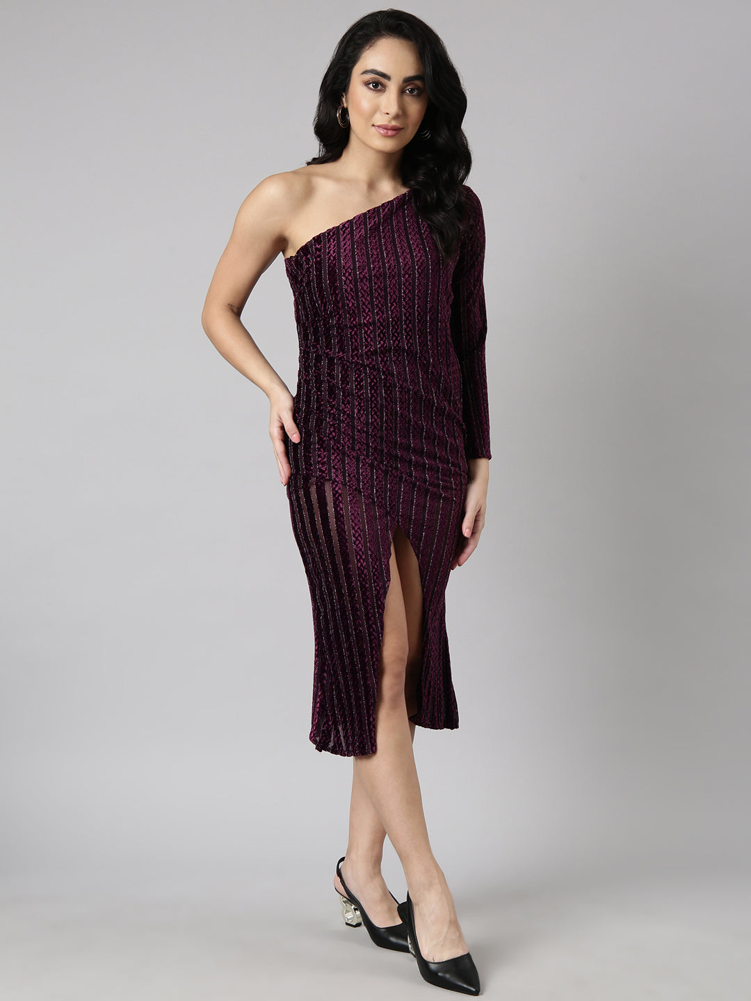 Women Purple Striped Wrap Dress