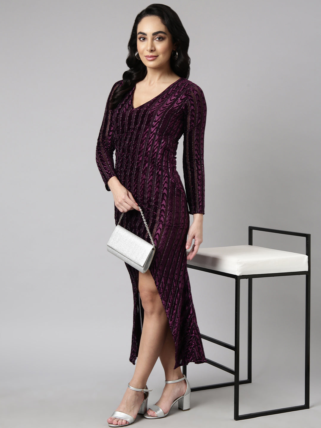 Women Purple Striped Wrap Dress