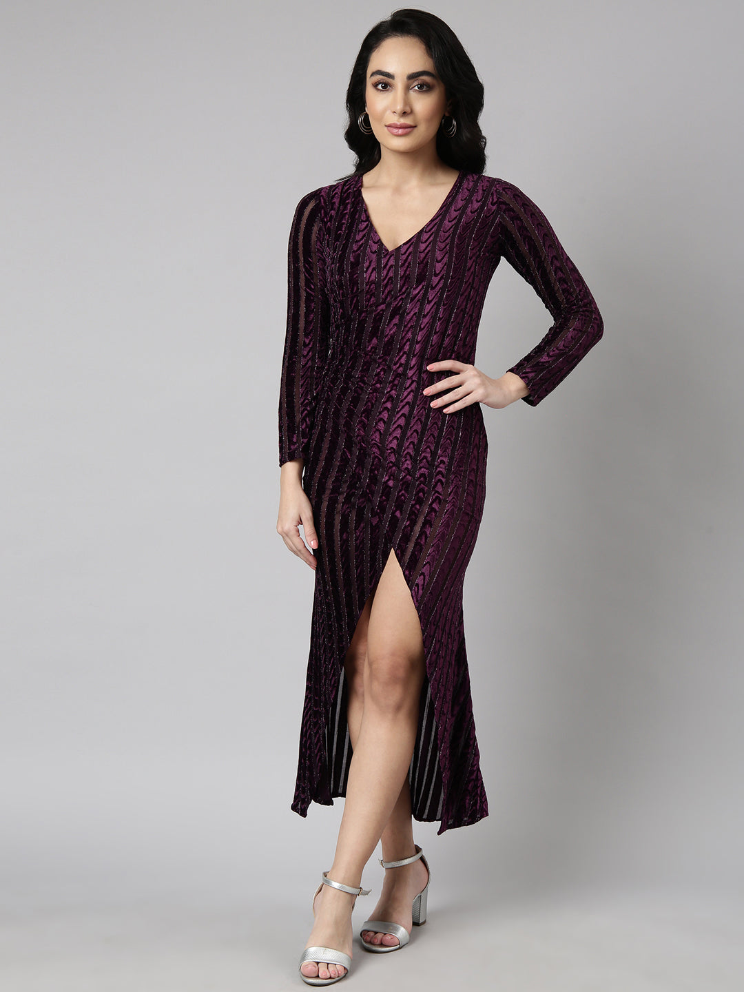 Women Purple Striped Wrap Dress