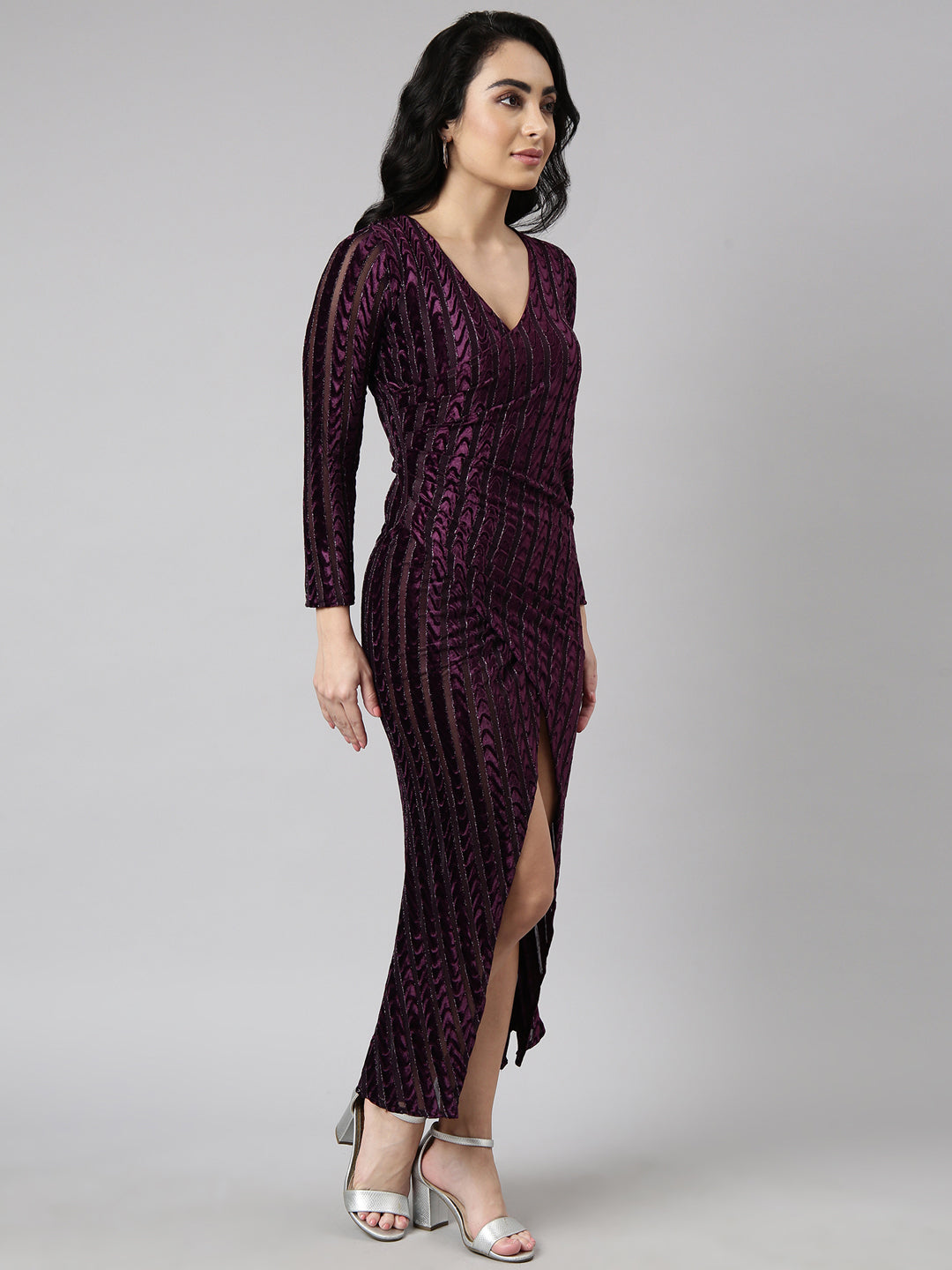 Women Purple Striped Wrap Dress