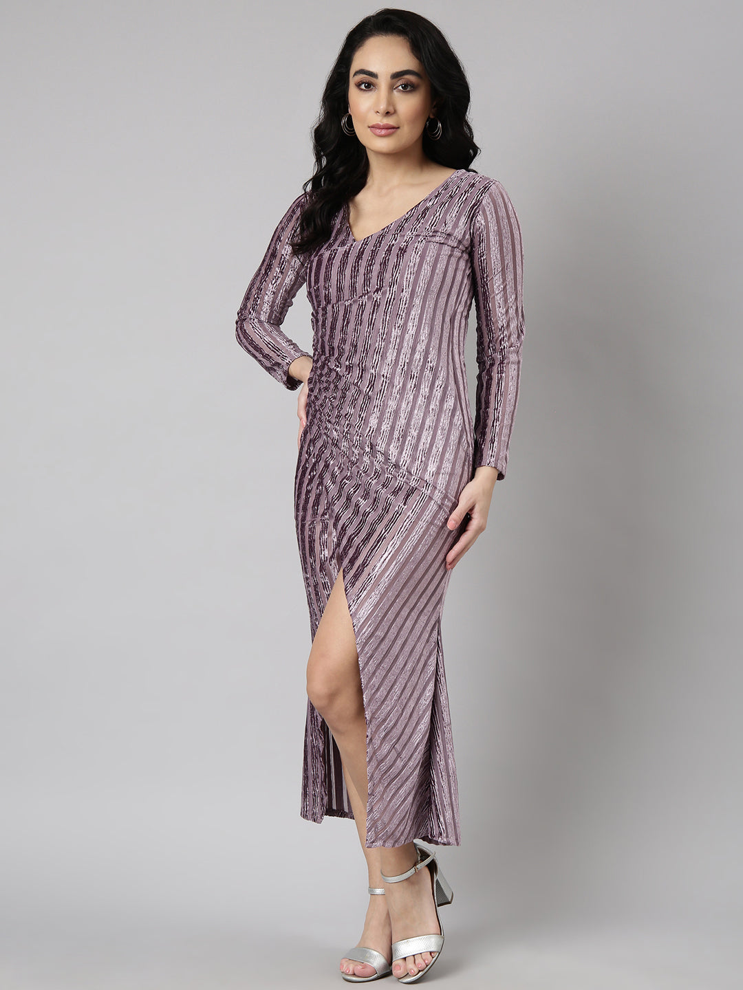 Women Lavender Striped Wrap Dress