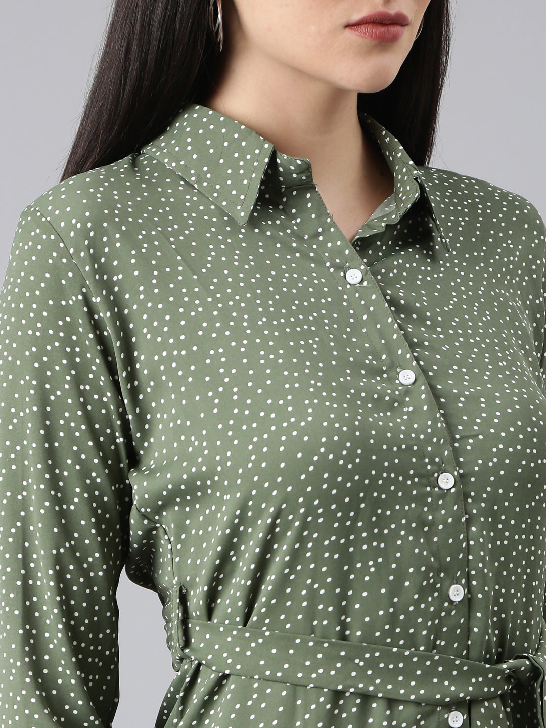 Women Olive Polka Dots Shirt Dress