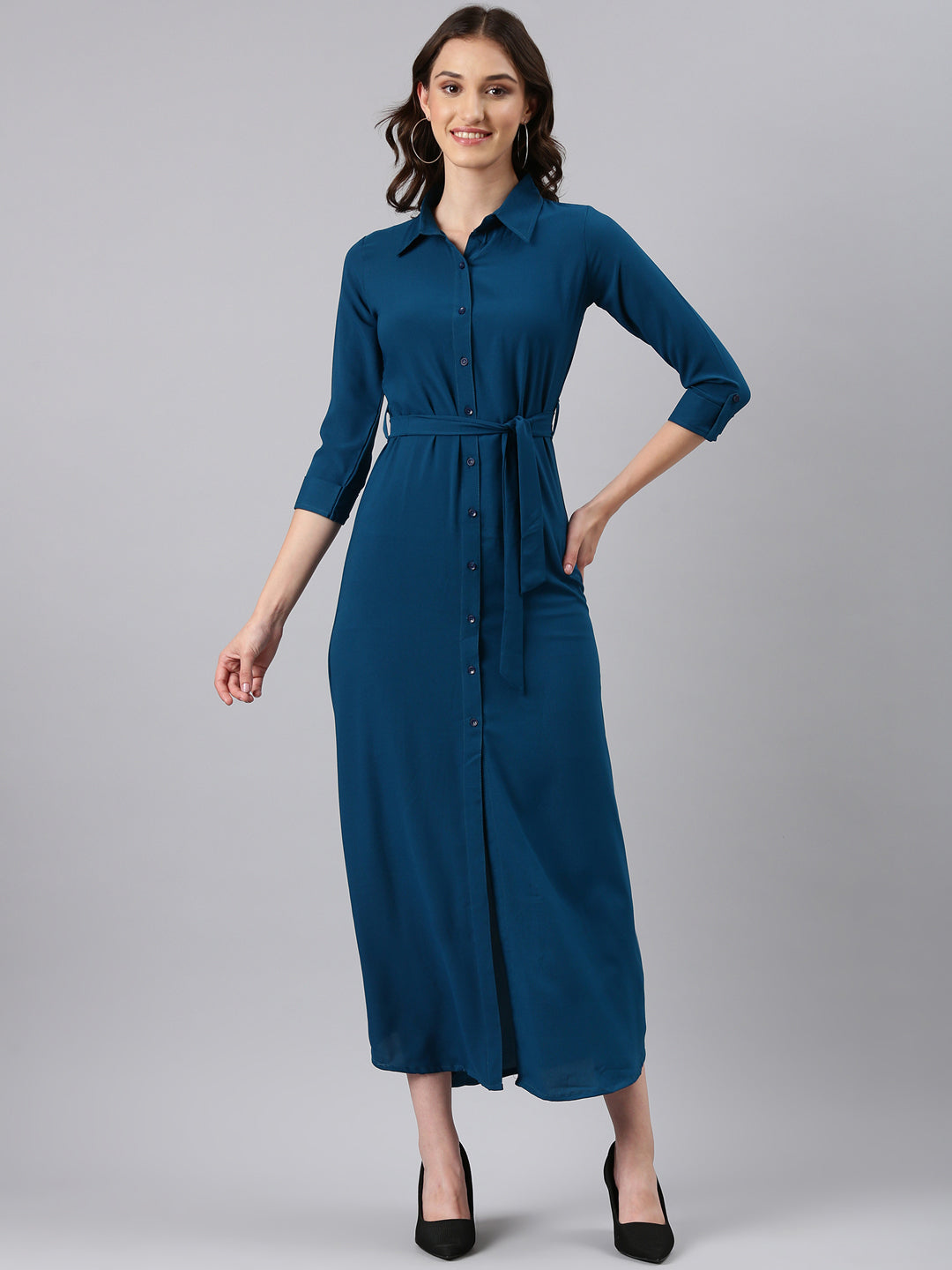 Women Teal Solid Shirt Dress