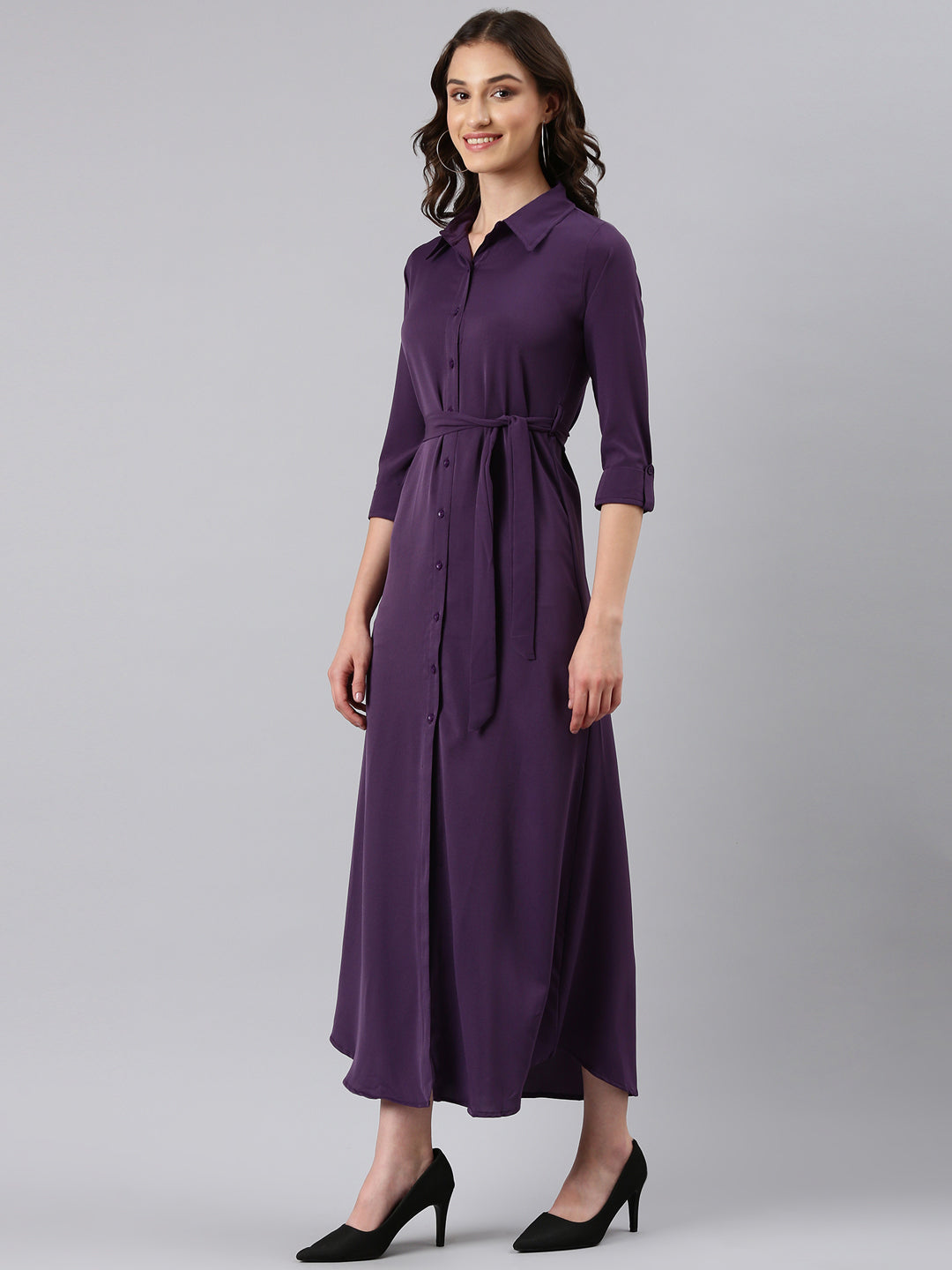 Women Violet Solid Shirt Dress