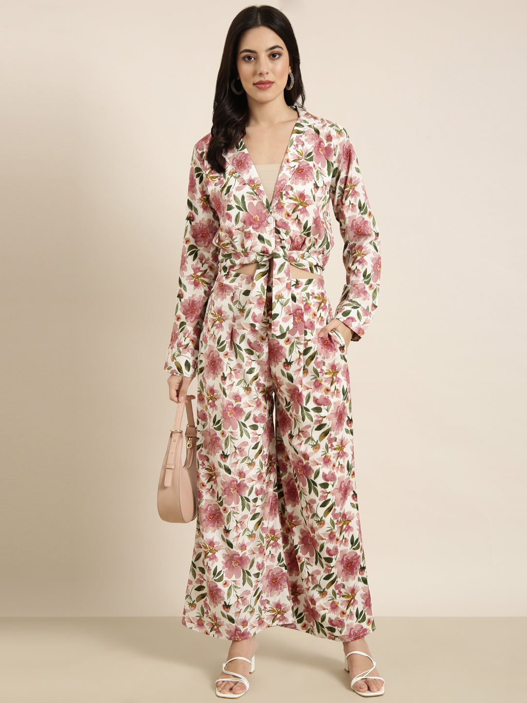 Women Oversized Peach Printed Top & Palazzos Set