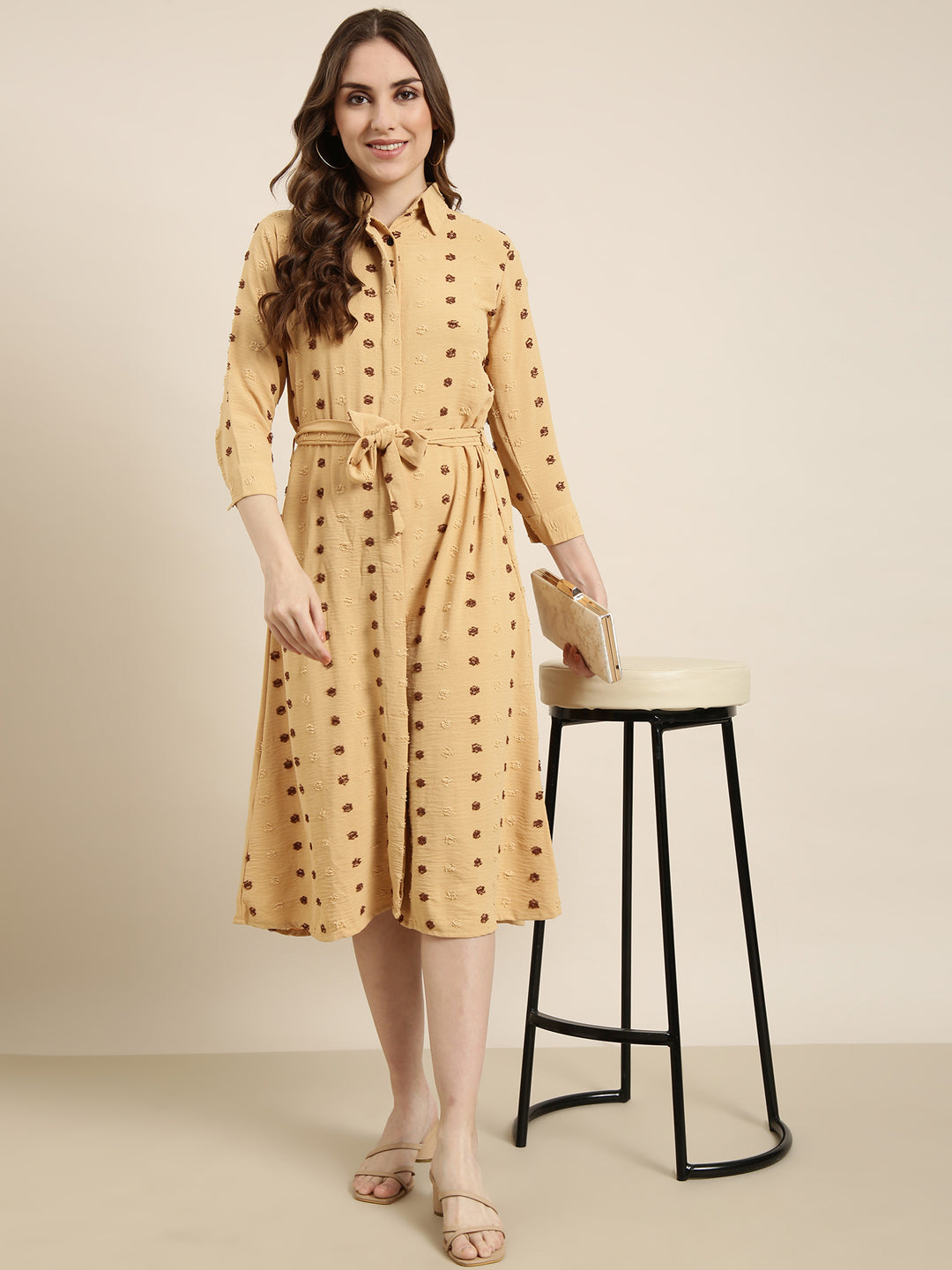 Women Mustard Self Design Shirt Dress