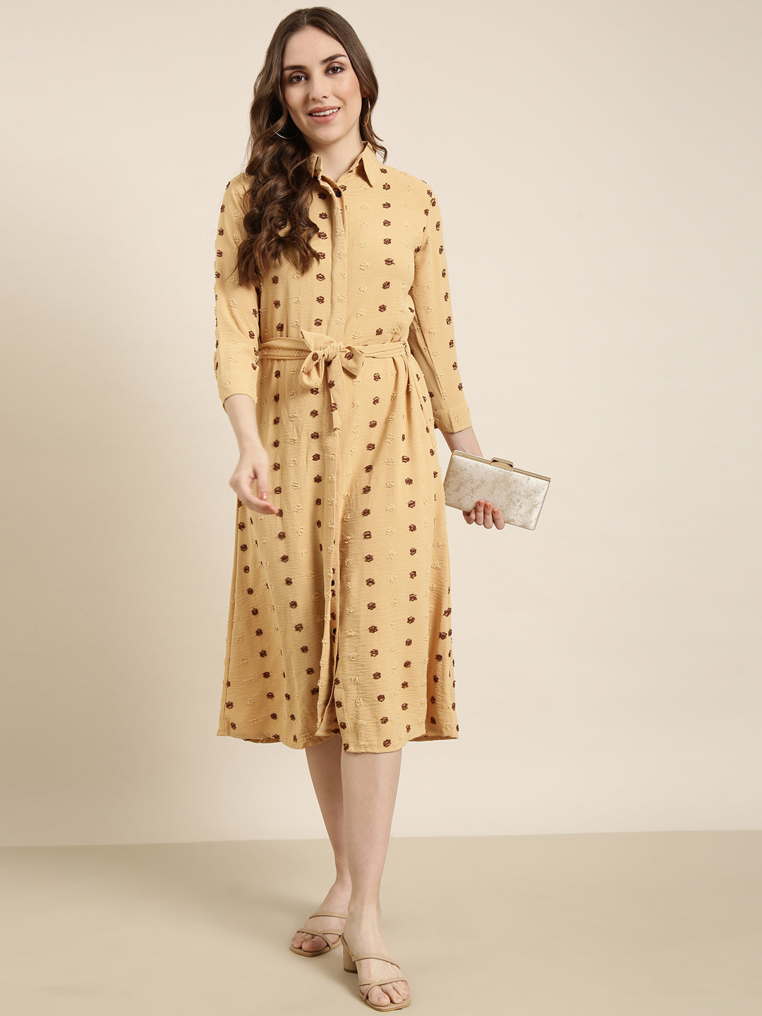 Women Mustard Self Design Shirt Dress