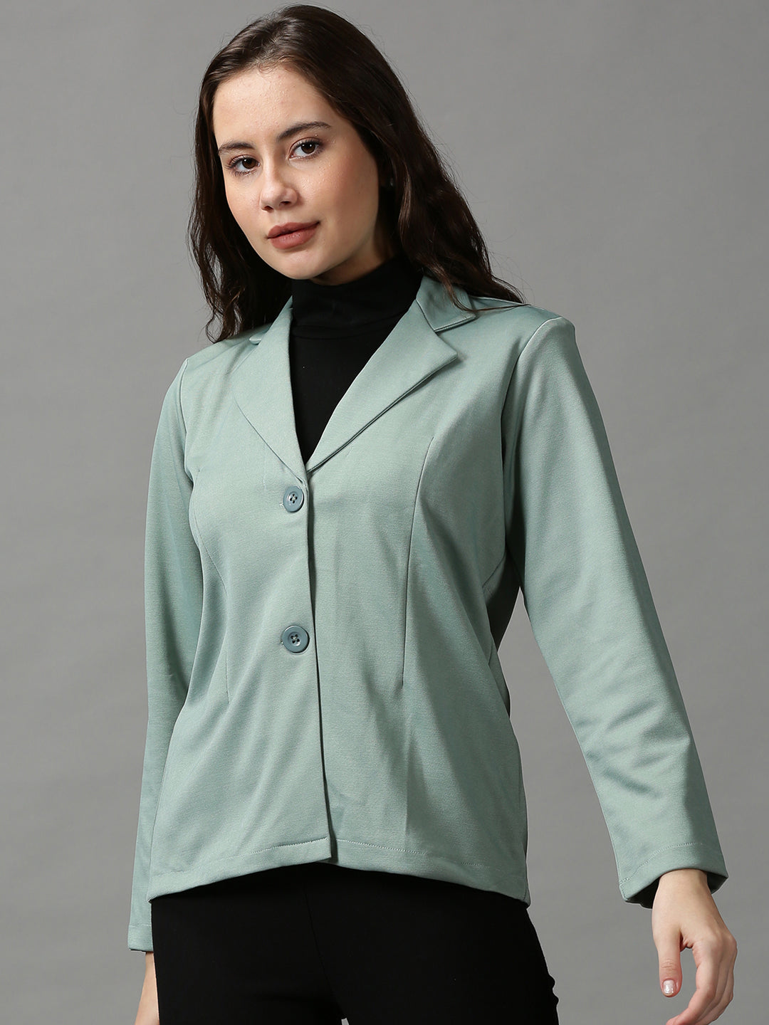 Women's Green Solid Open Front Blazer