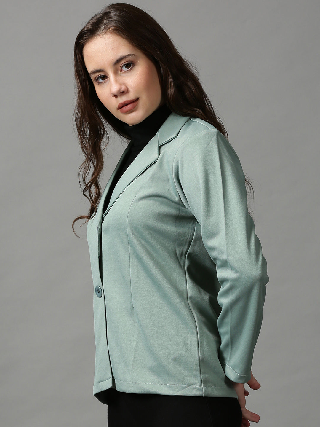 Women's Green Solid Open Front Blazer