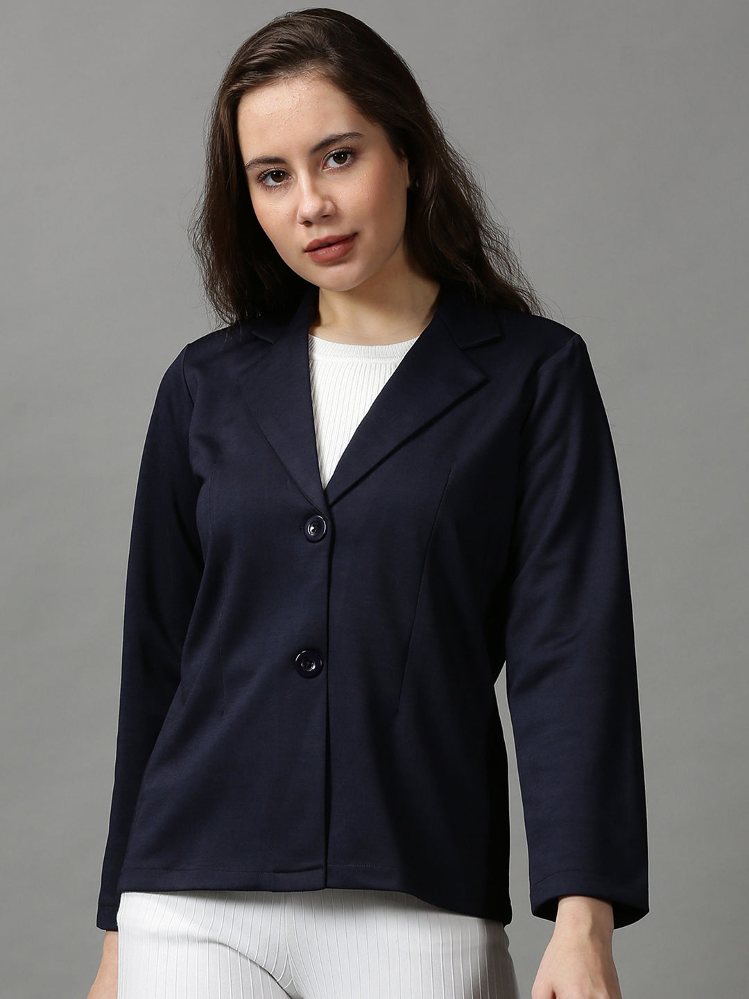 Women's Navy Blue Solid Open Front Blazer