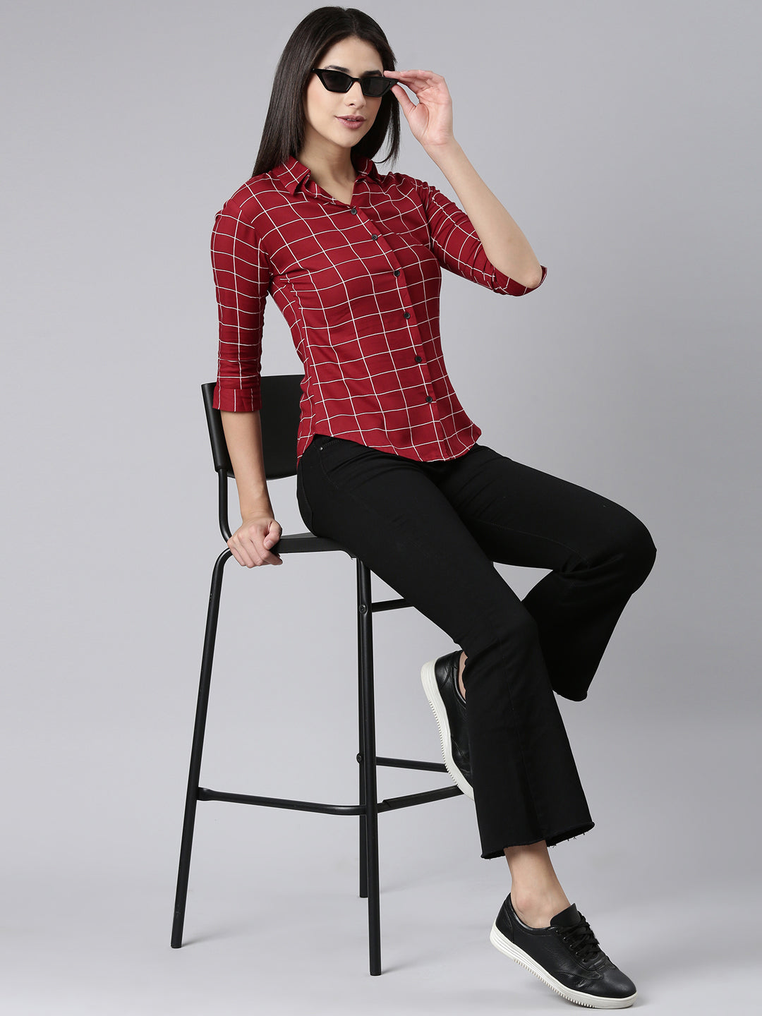 Women Maroon Checked Shirt