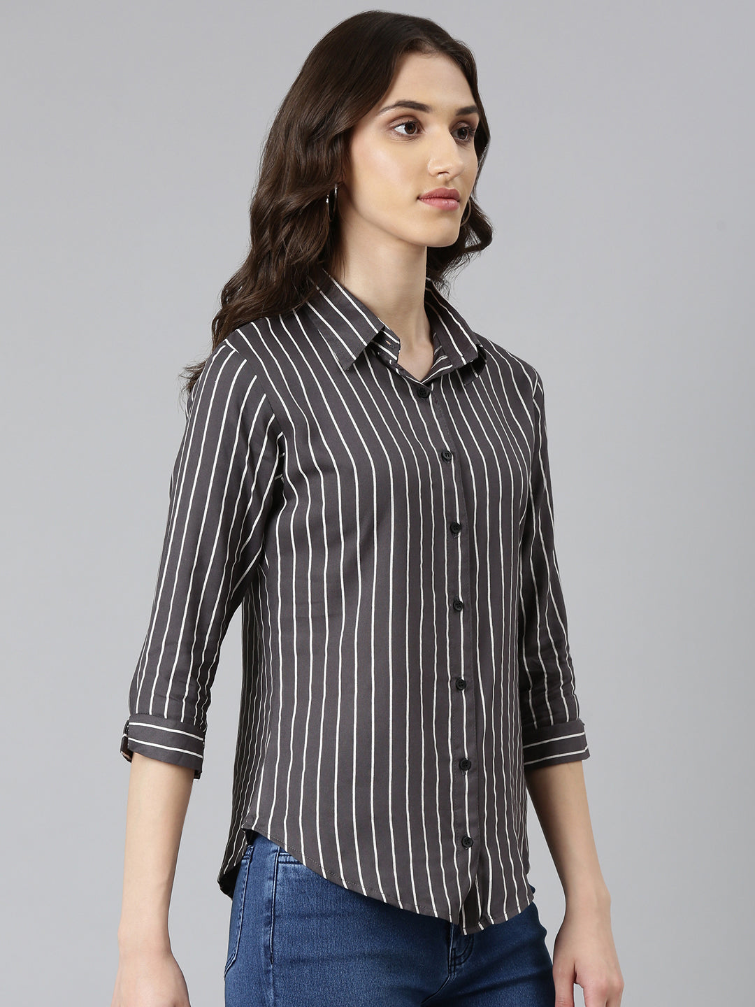Women Grey Striped Shirt