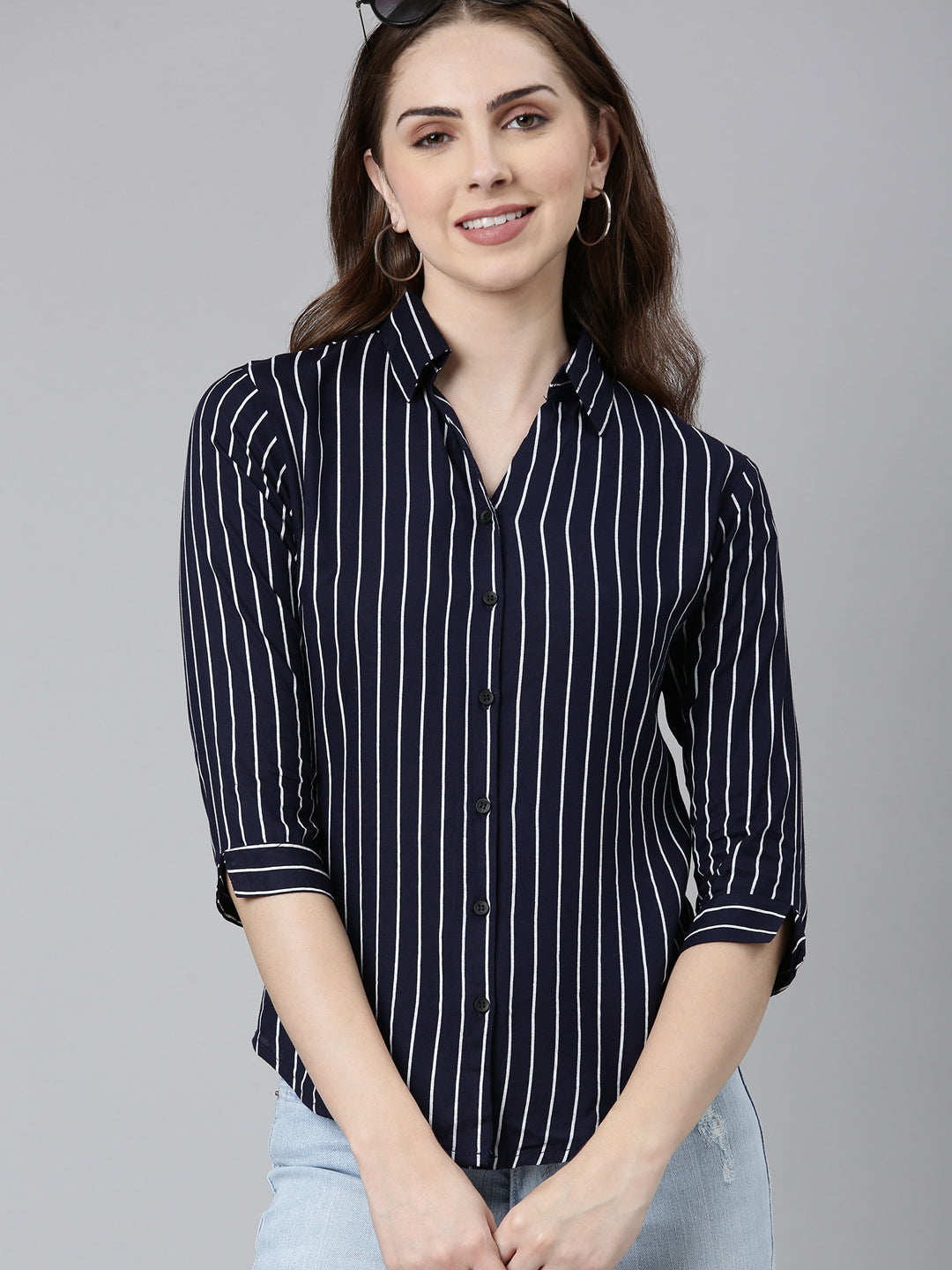Women Navy Blue Striped Shirt