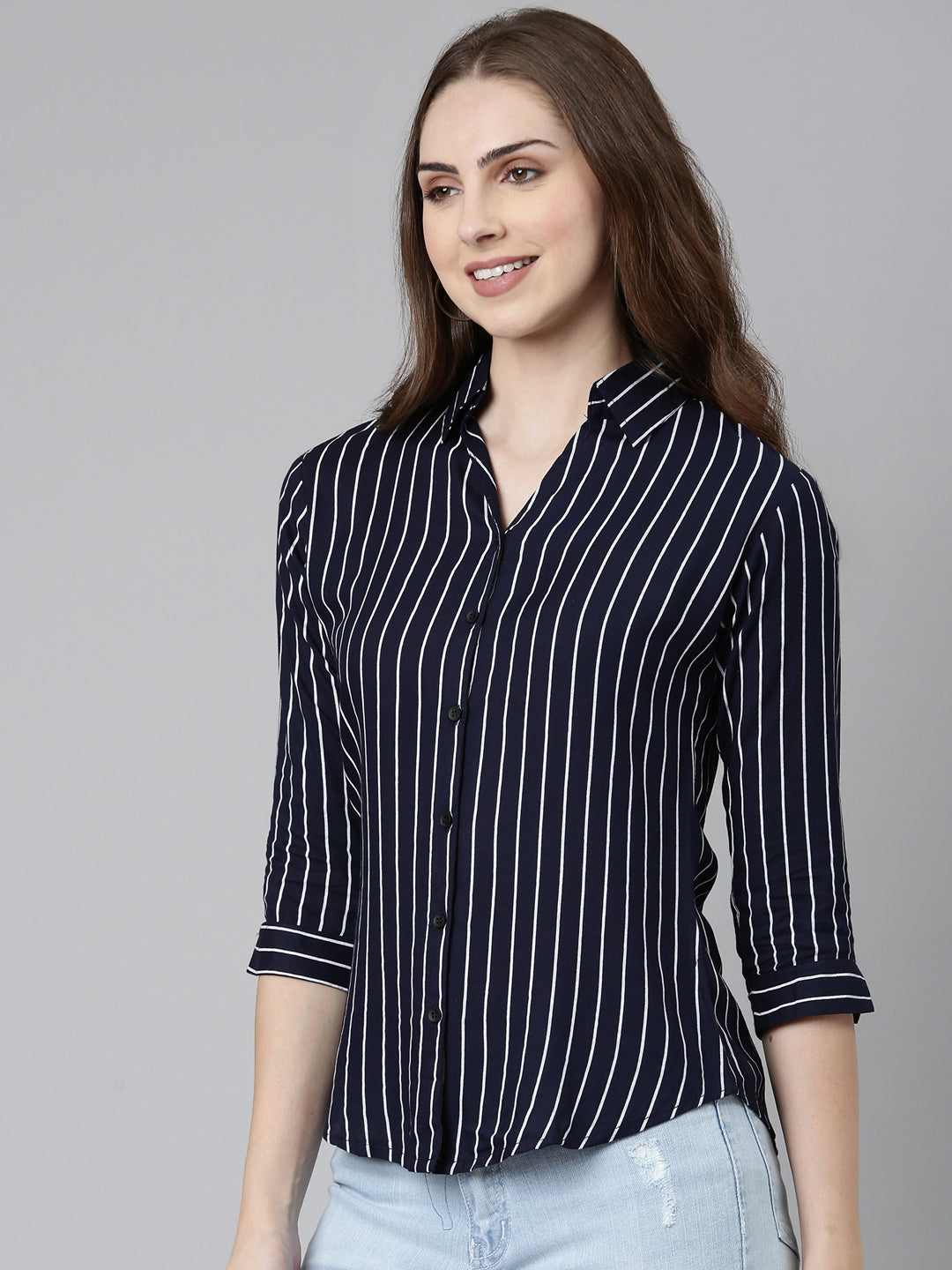 Women Navy Blue Striped Shirt