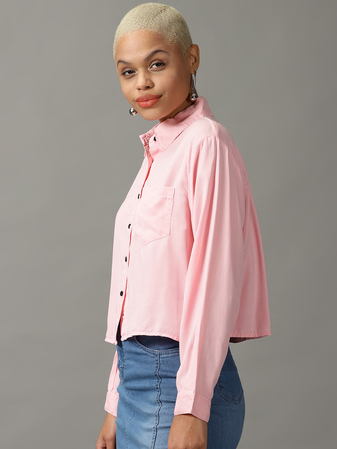 Women's Pink Solid Crop Shirt