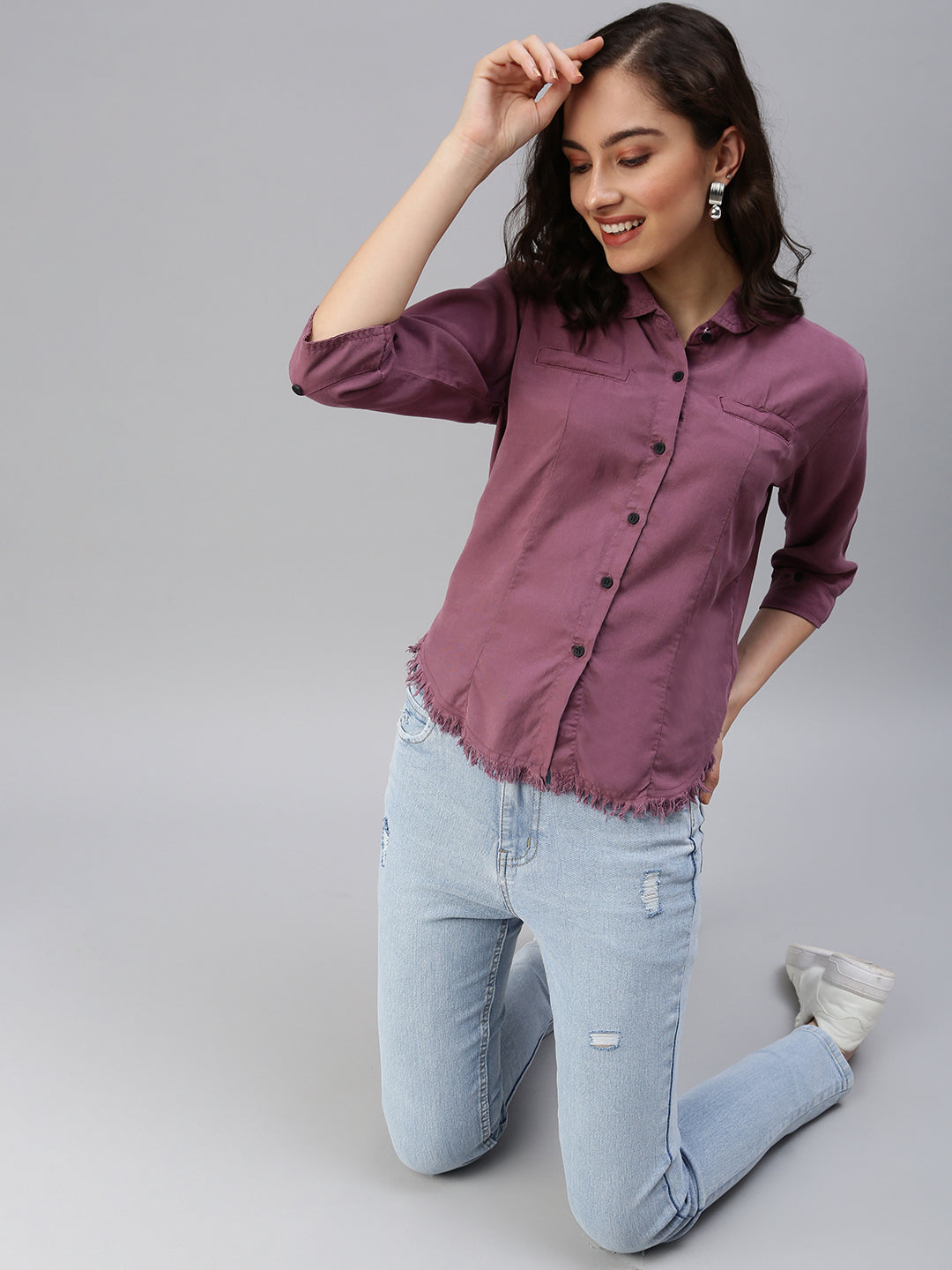 Women's Grey Solid Casual Shirts