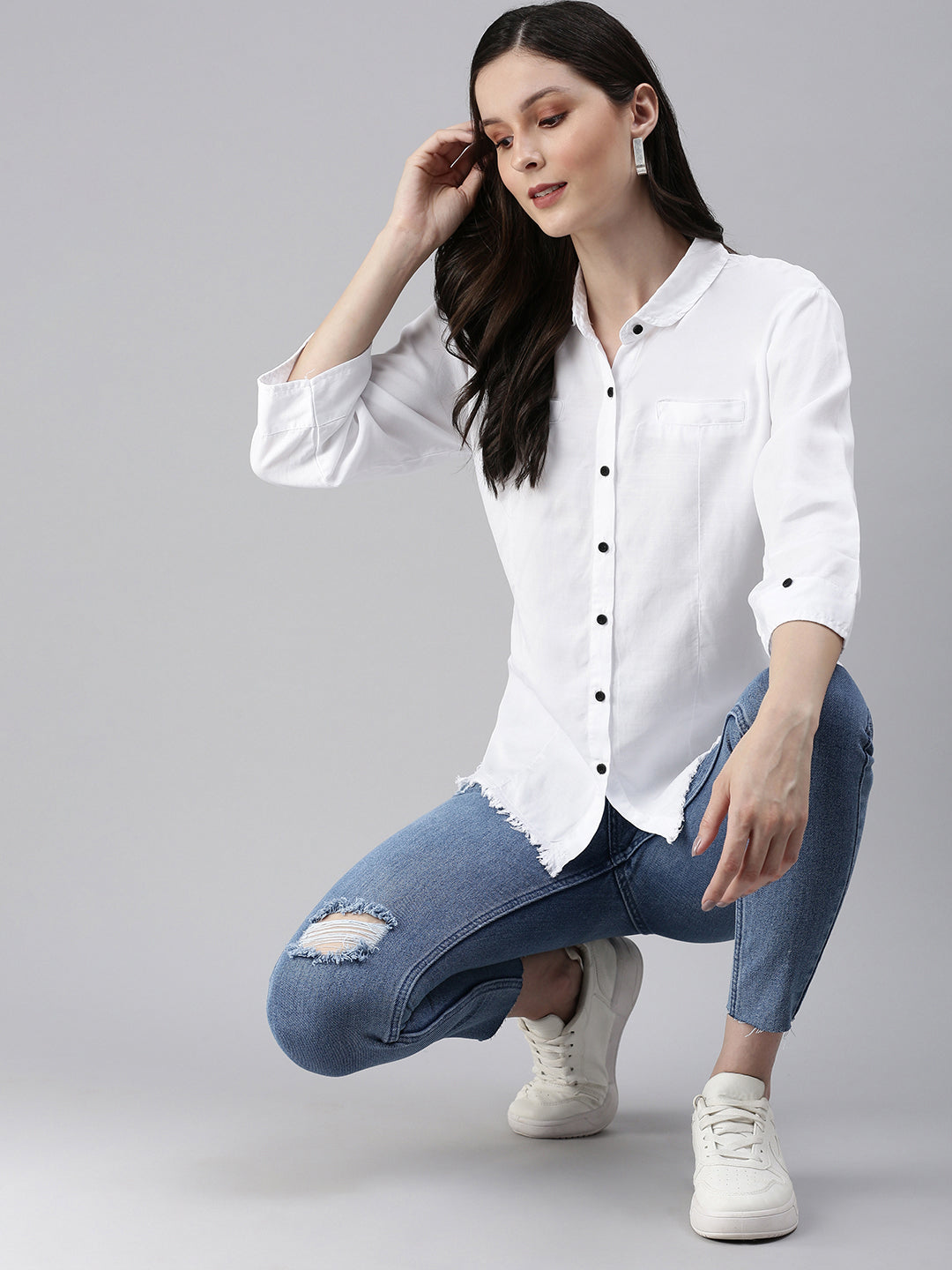 Women's White Solid Casual Shirts