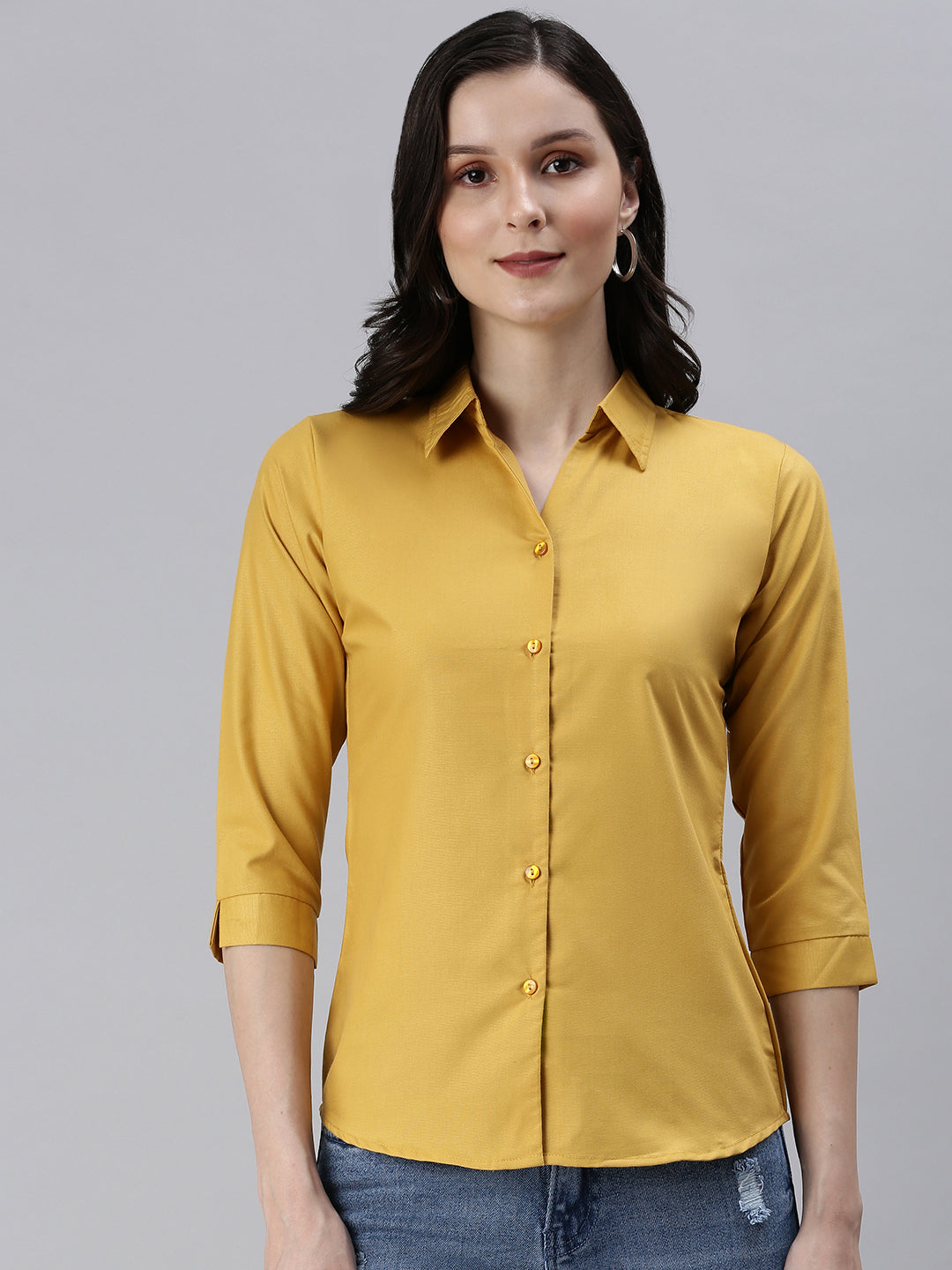 Women's Mustard Solid Casual Shirts
