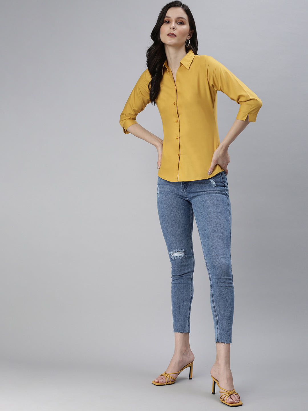 Women's Mustard Solid Casual Shirts