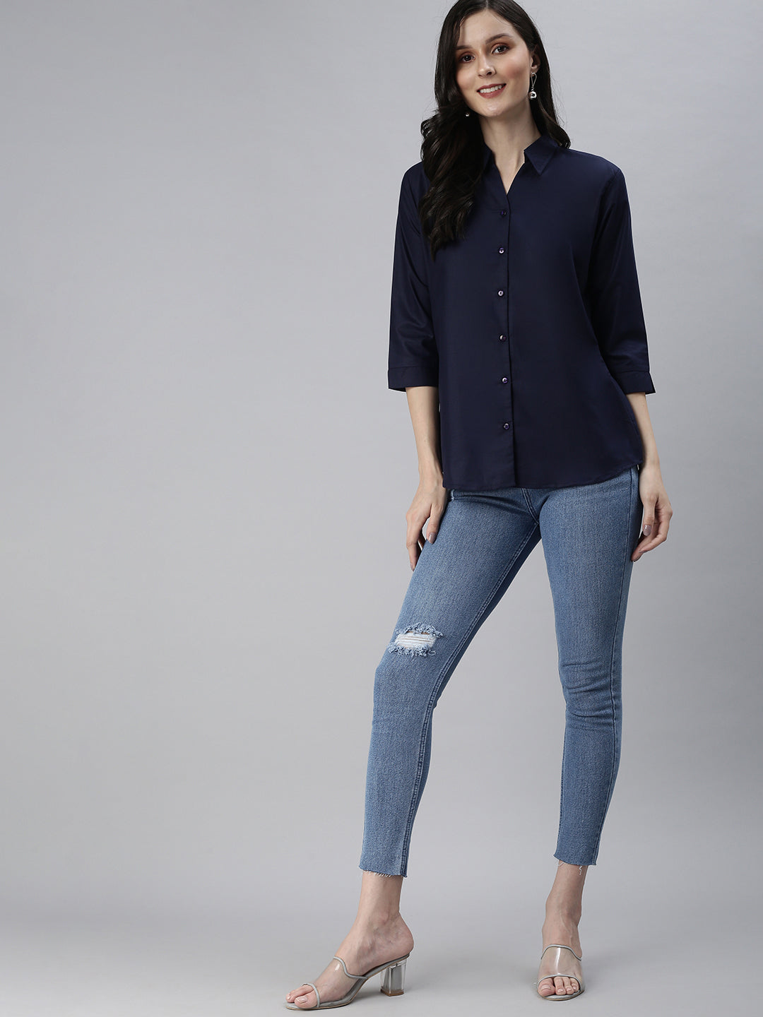 Women's Navy Blue Solid Casual Shirts