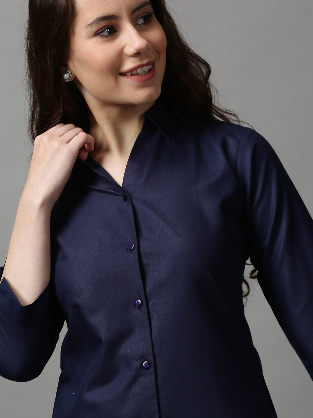 Women's Navy Blue Solid Casual Shirts