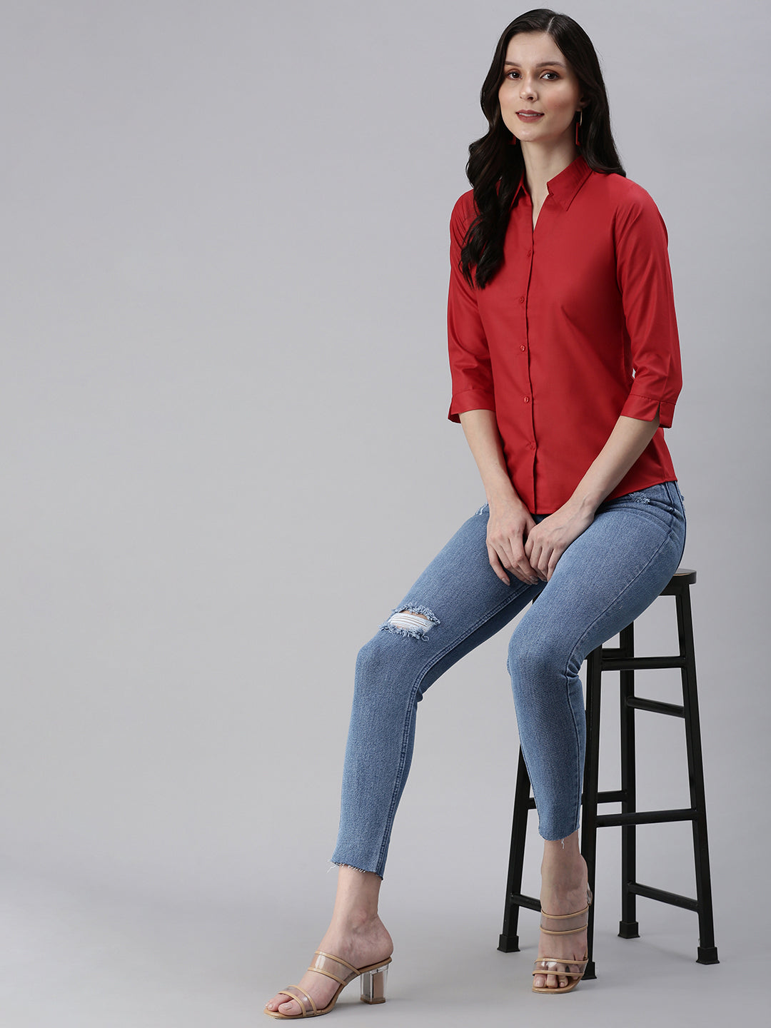 Women's Red Solid Casual Shirts