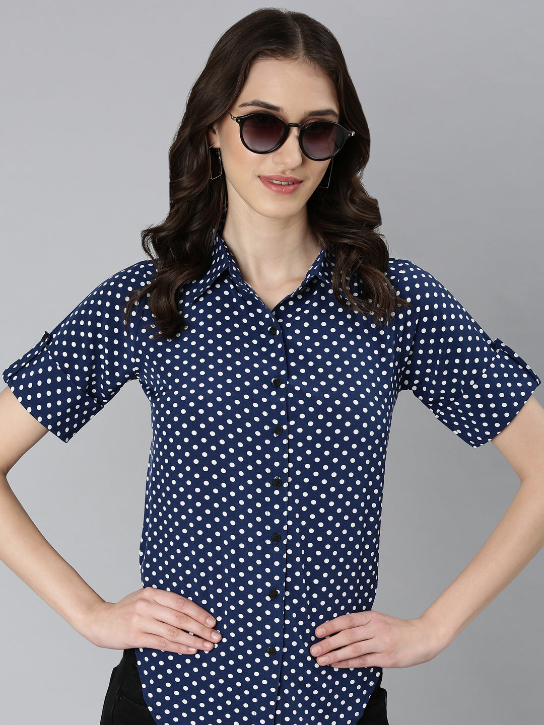 Women Navy Blue Polka Dots Shirt