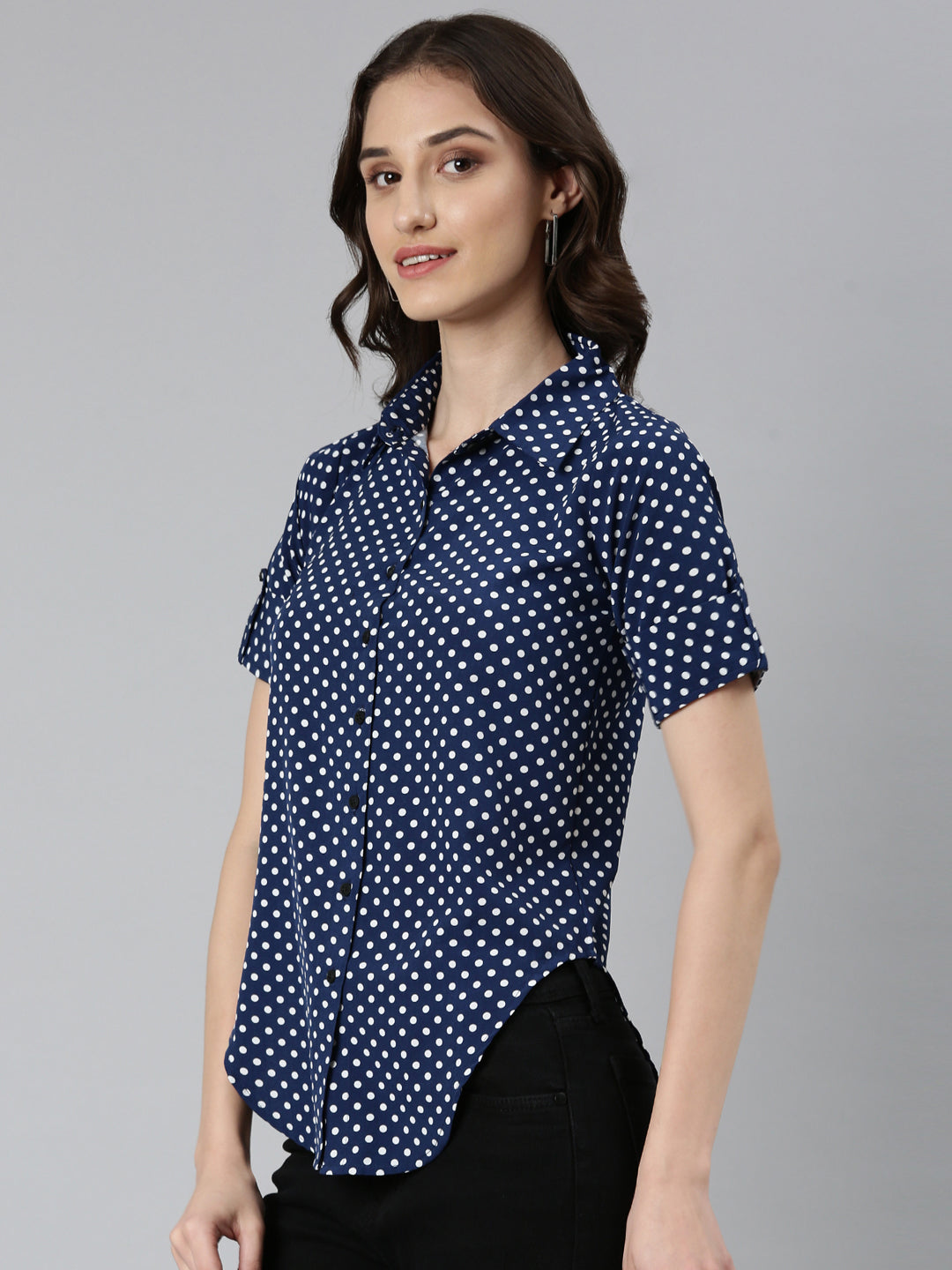 Women Navy Blue Polka Dots Shirt
