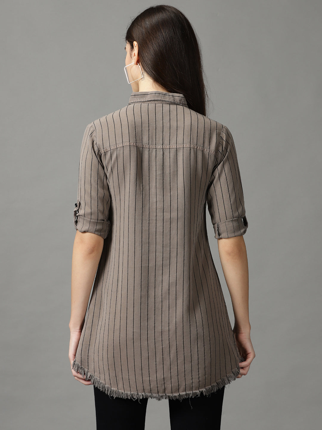 Women's Grey Striped Longline Shirt