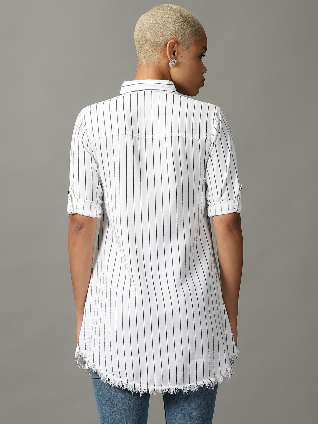 Women's White Striped Longline Shirt