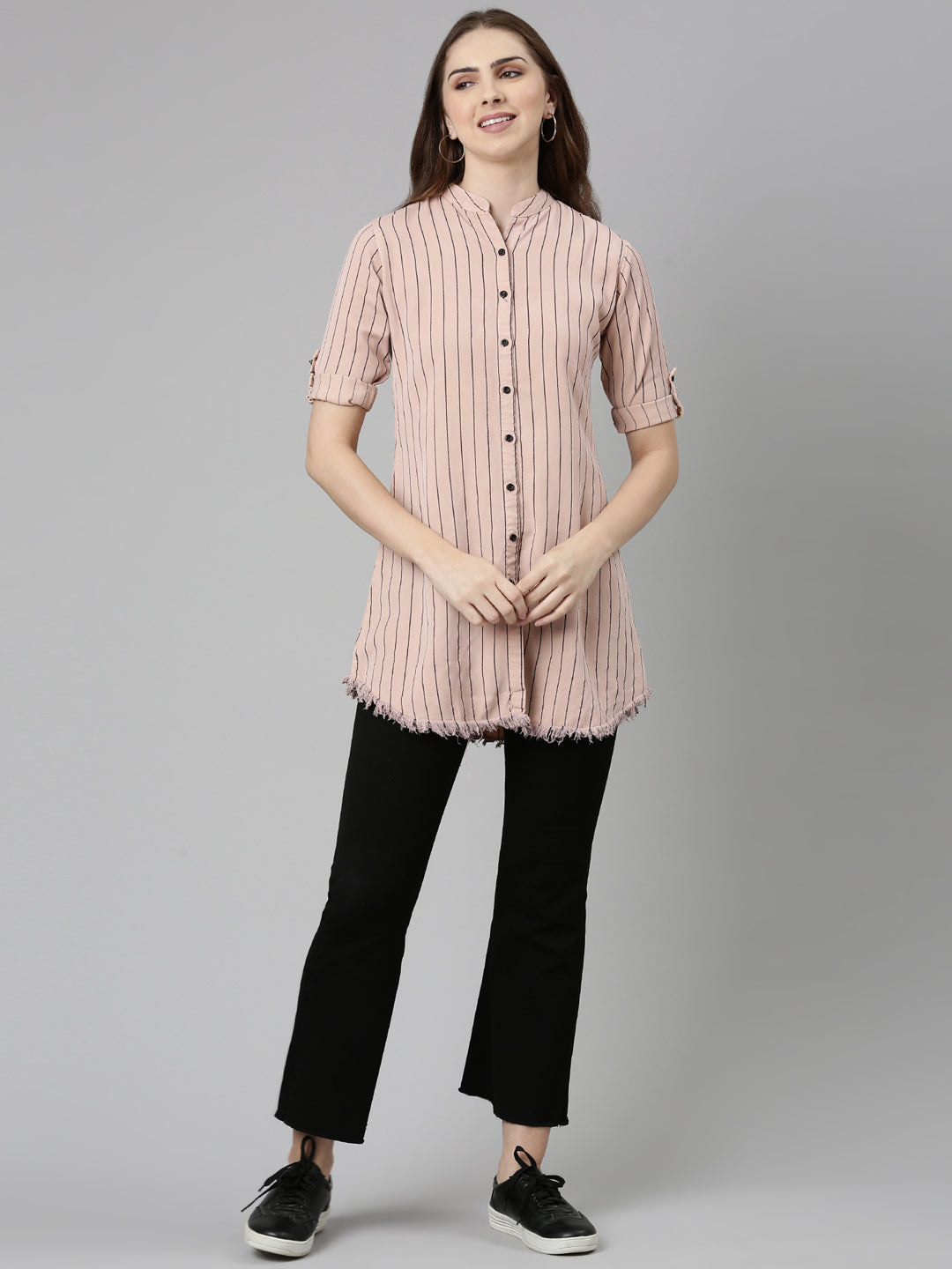 Women Pink Striped Longline Shirt