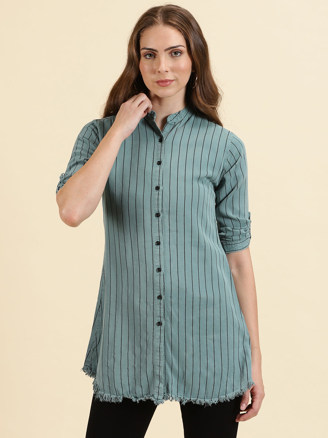 Women's Teal Striped Longline Shirt