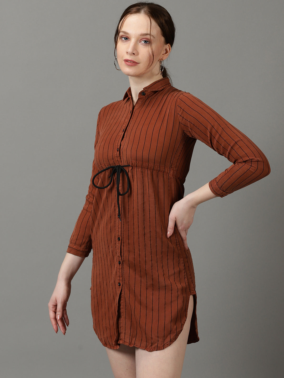 Women's Brown Striped Shirt Style Longline Top
