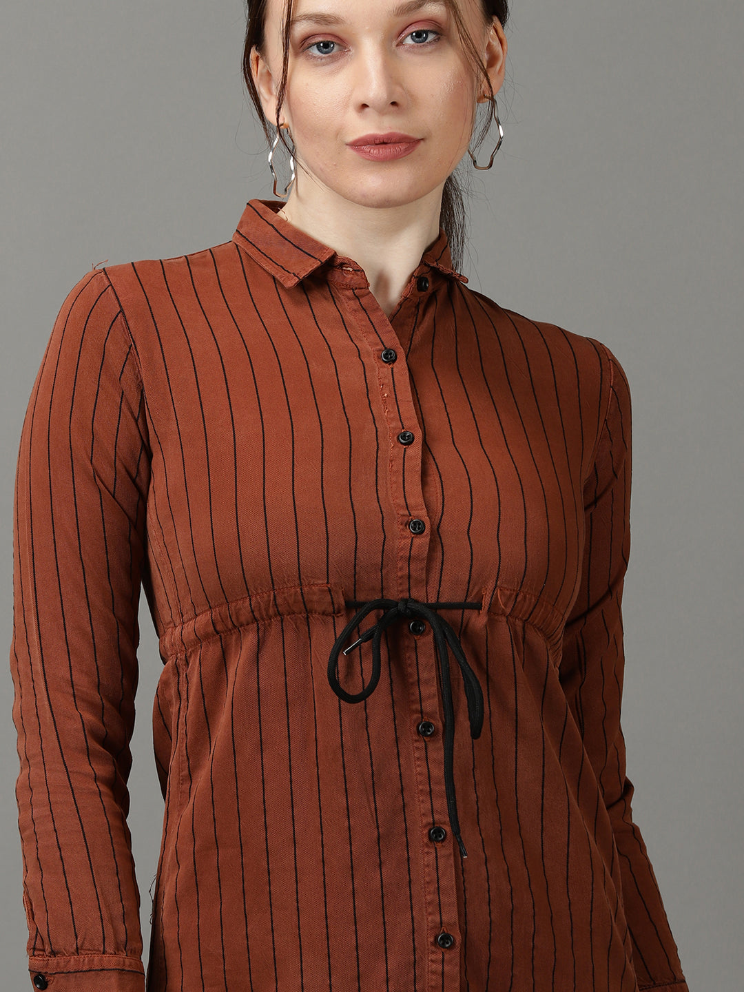 Women's Brown Striped Shirt Style Longline Top