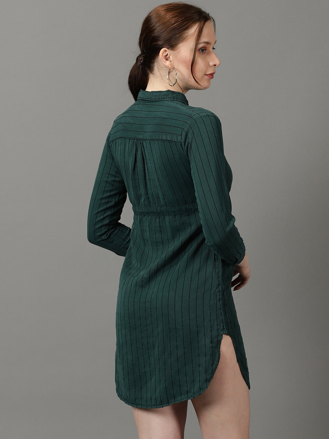 Women's Green Striped Shirt Style Longline Top