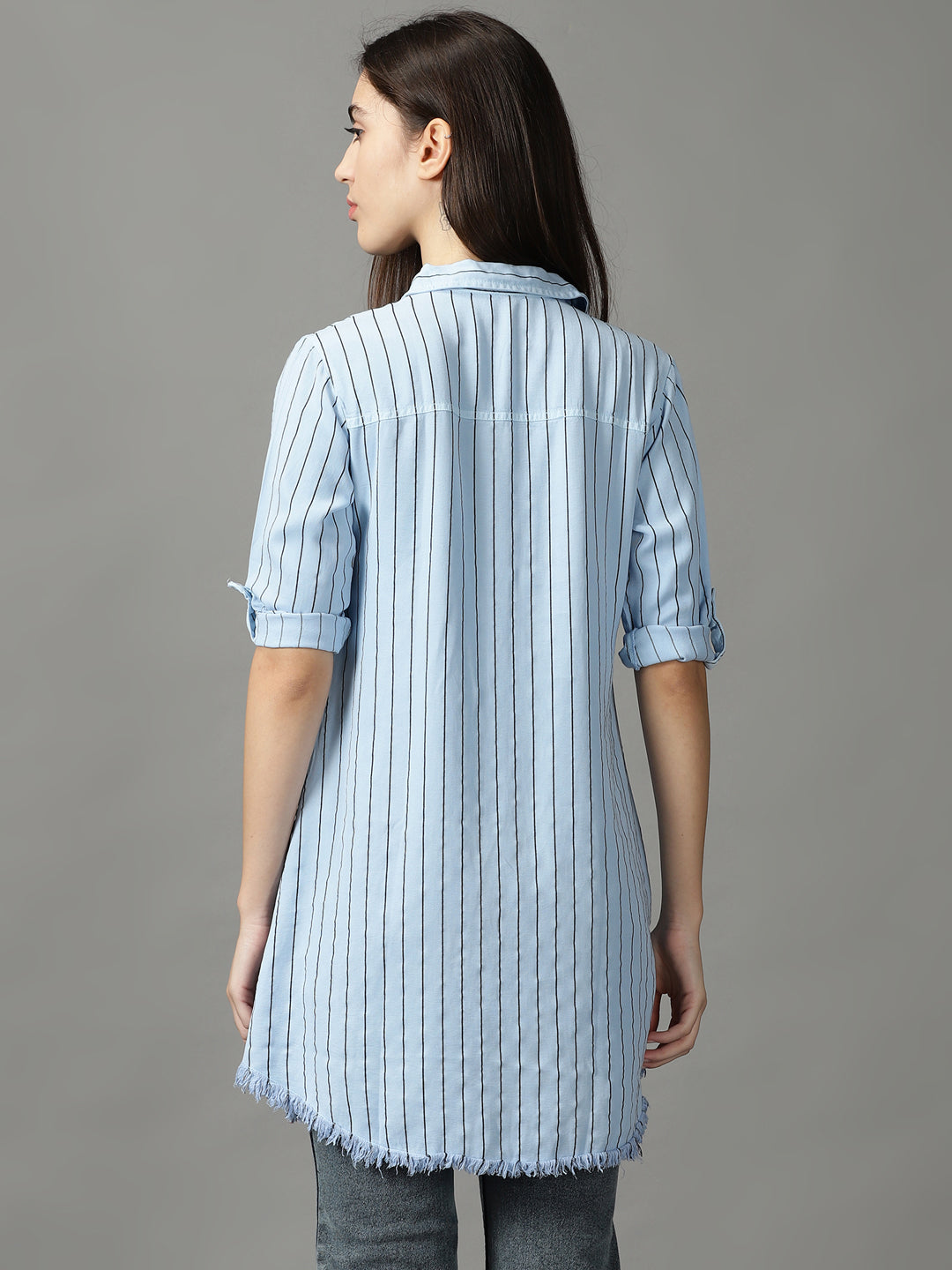 Women's Blue Striped Longline Shirt