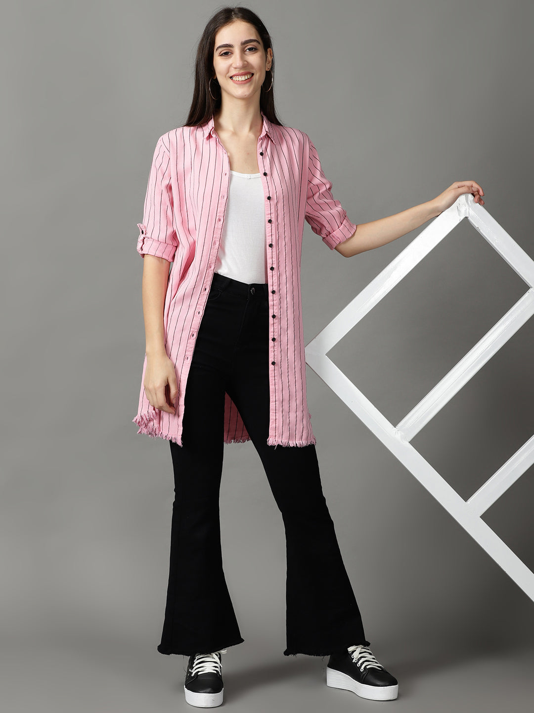 Women's Pink Striped Longline Shirt