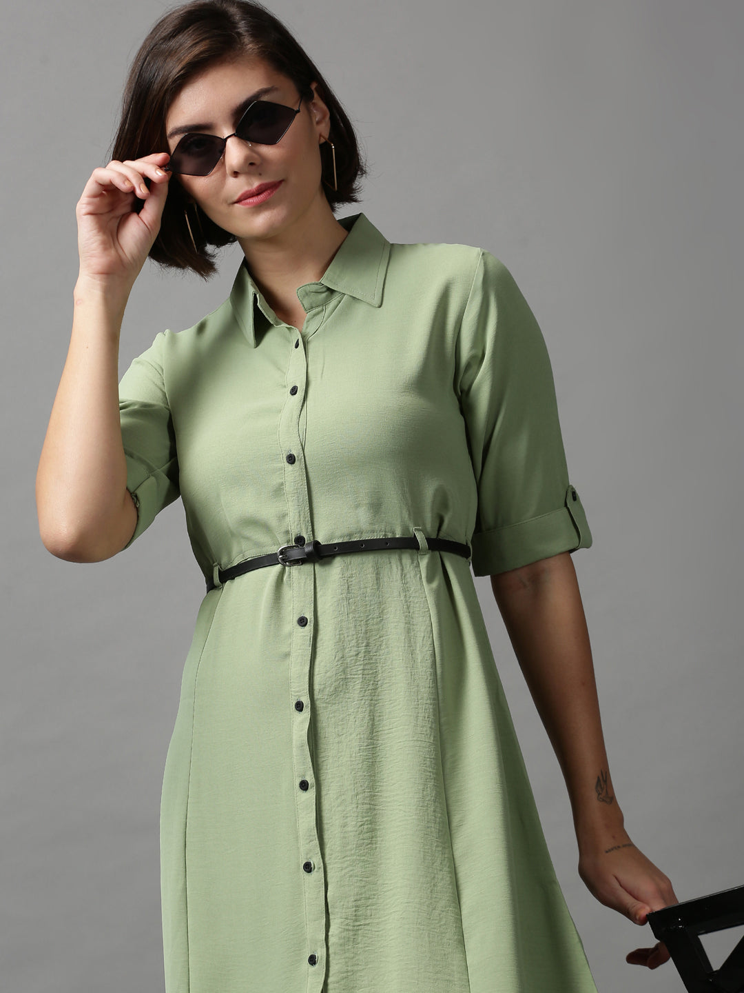 Women's Green Solid A-Line Dress